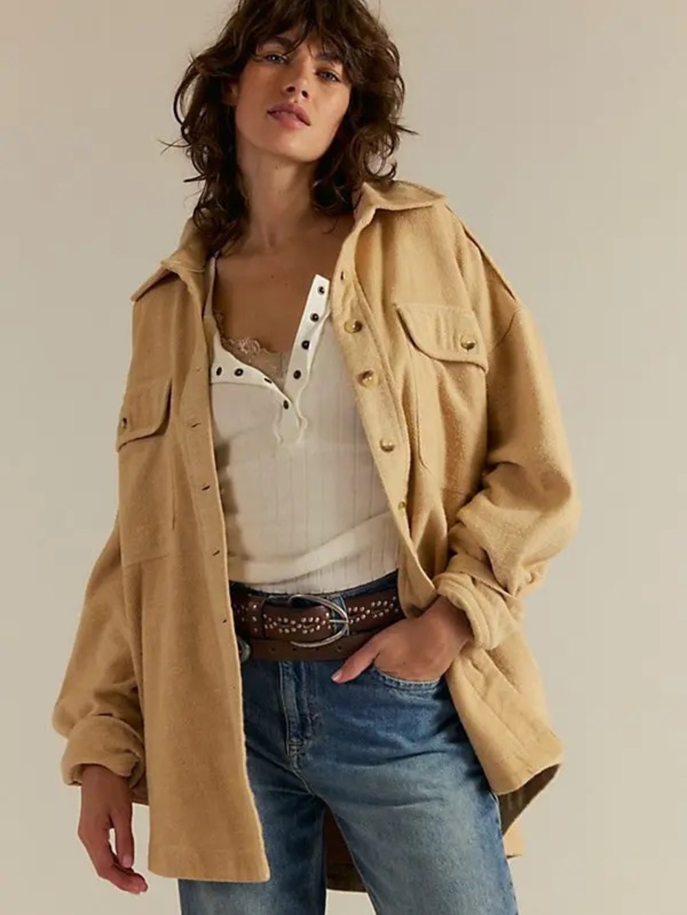 We The Free Peached Twill Shacket in Tan As Header Oversized Soft Structured